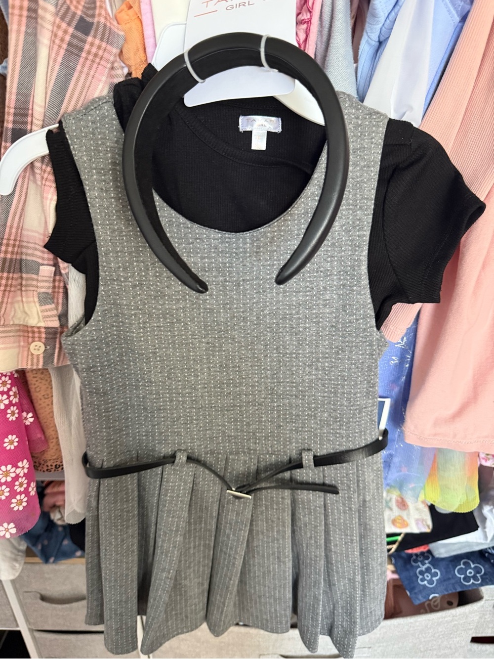Tahari Girls Grey Pleated Jumper Dress with Black Accent